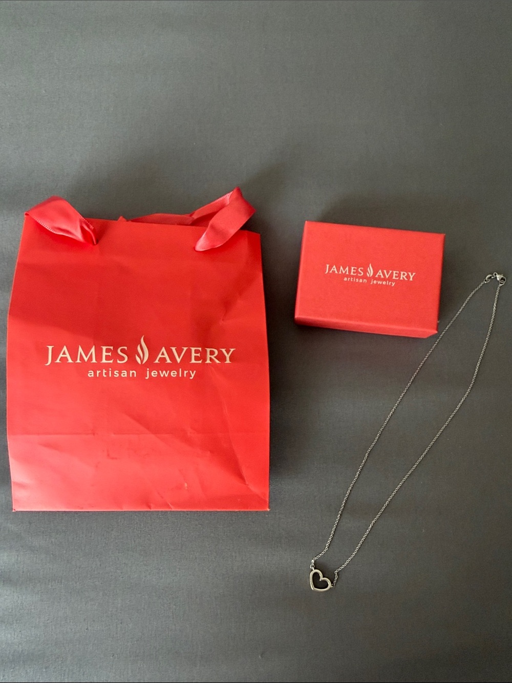 James Avery Silver Open Heart Necklace with Red Gift Packaging